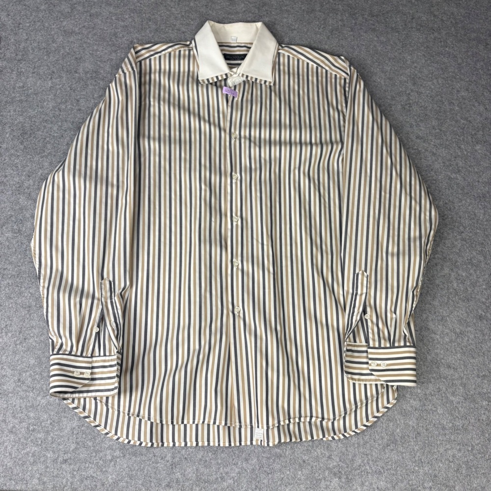 Brandolini Mens Striped Dress Shirt 18 46 Tan Navy White Long Sleeve Made Italy